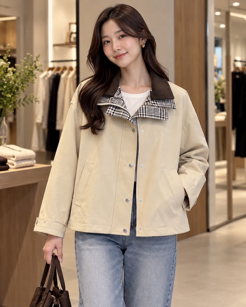 Ekose Yaka Detaylı Bej Oversize Ceket