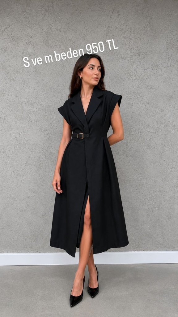 Asil Siyah Kemerli Blazer Yaka Midi Elbise