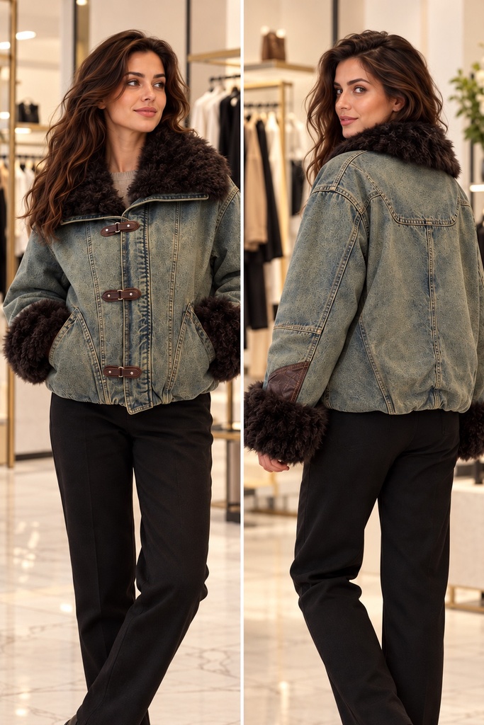 Çıkarılabilir Kürk Detaylı Denim Mont